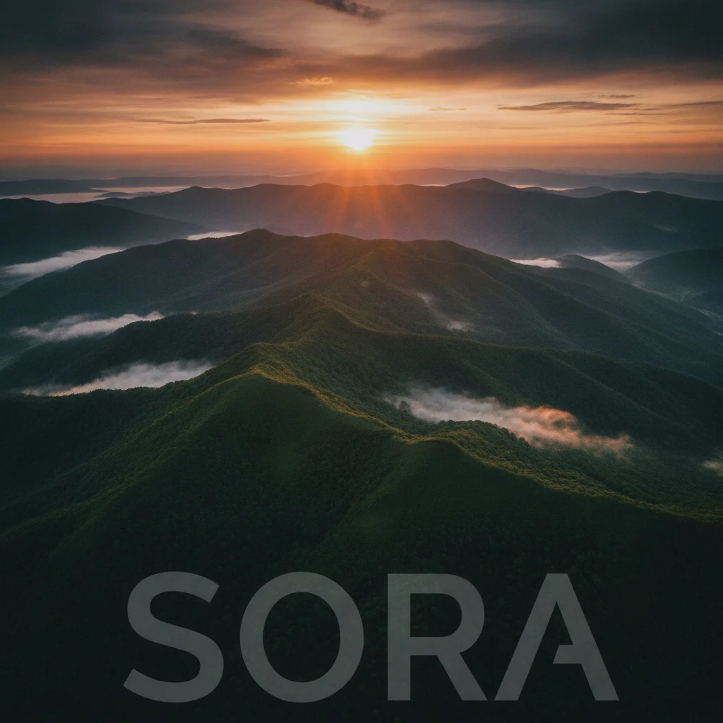 Cinematic aerial mountain landscape at golden hour with Sora text label along bottom edge overlapping foothills