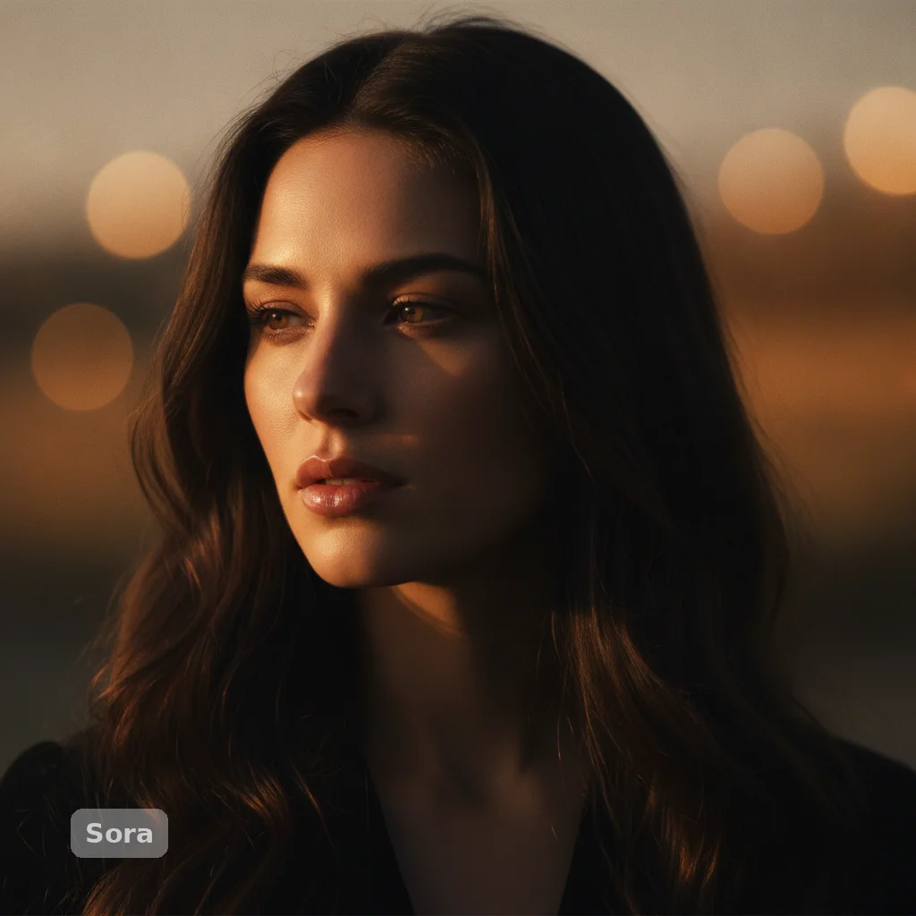 Cinematic close-up portrait with dramatic lighting and small Sora watermark in lower left on bokeh background