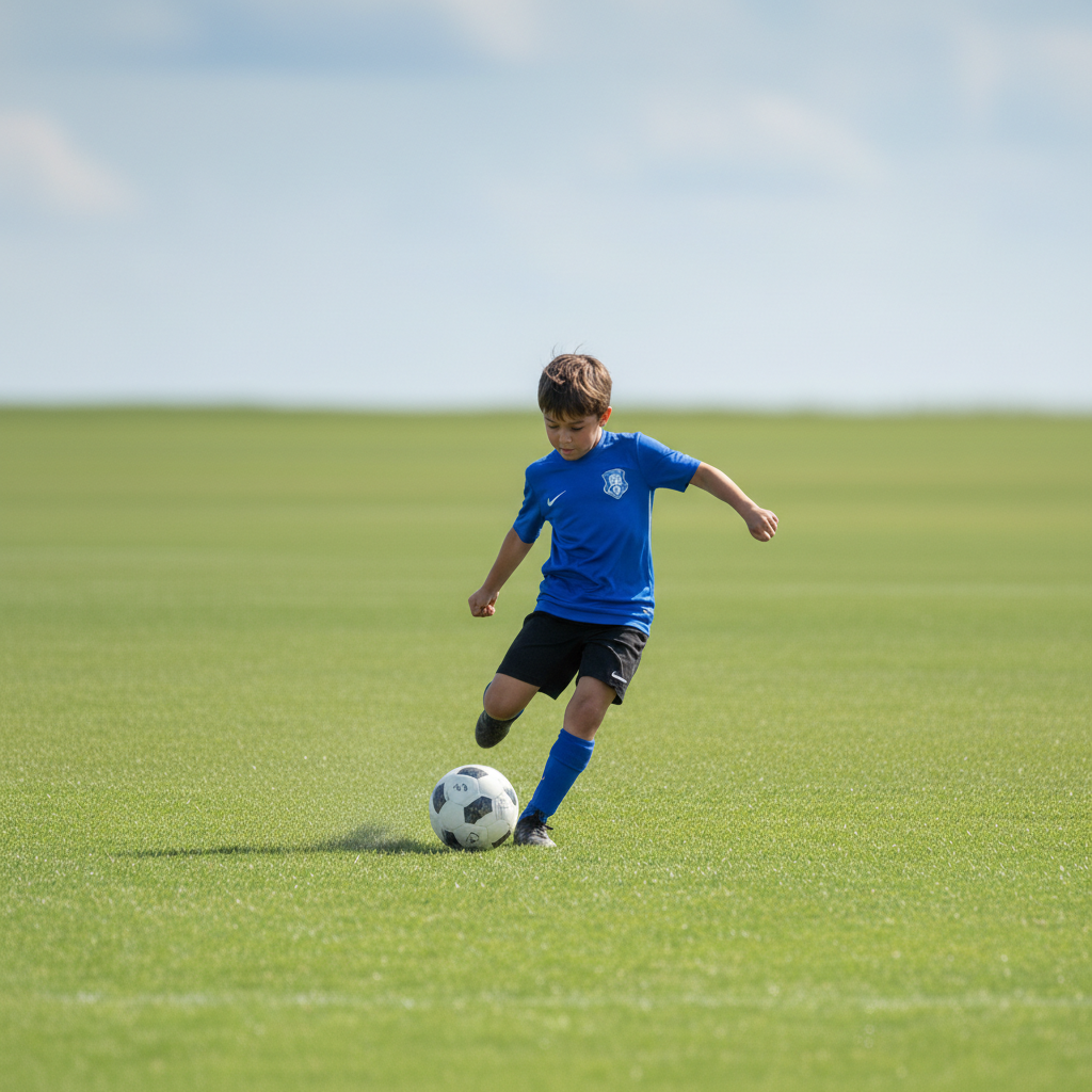 Same soccer player with clean grass field background