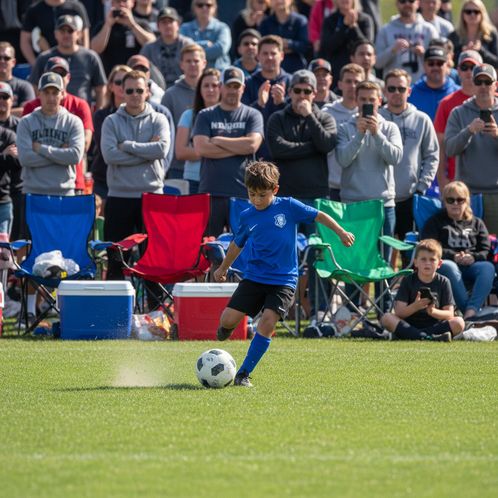 Soccer player with crowded sideline of spectators behind