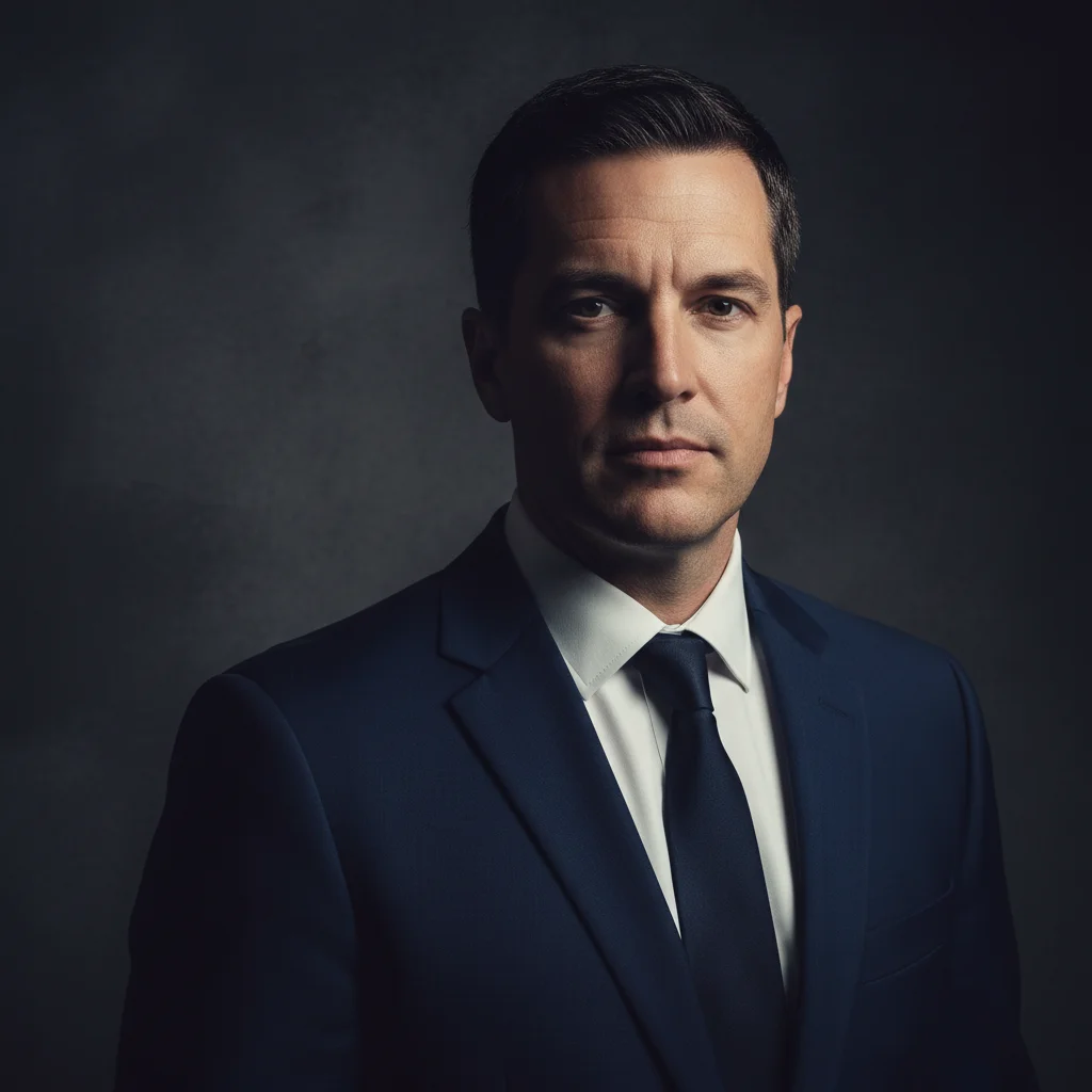 Dark dramatic attorney headshot with moody lighting