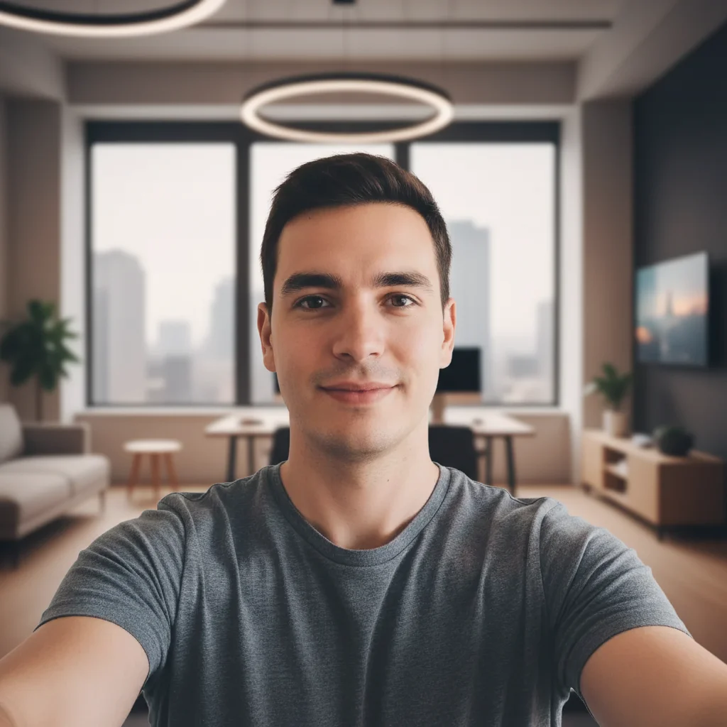 Confident startup founder headshot with blurred modern office background and professional lighting
