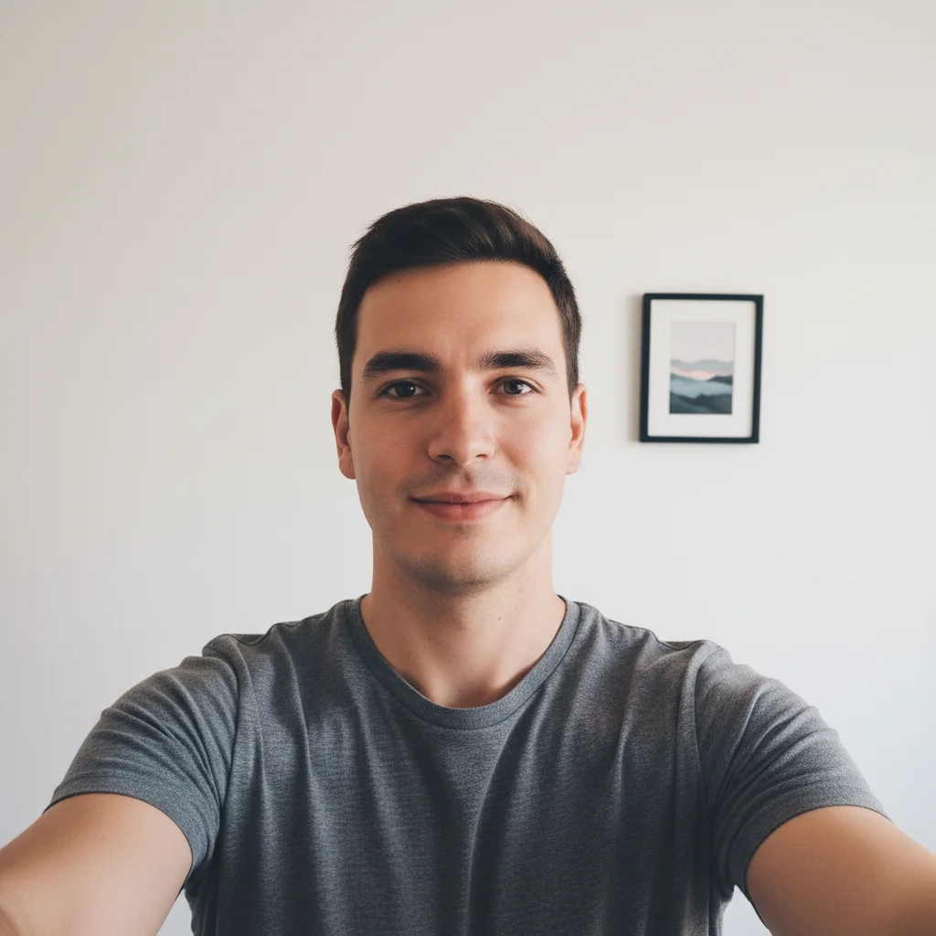 Young man in gray t-shirt taking apartment selfie with white wall and picture frame