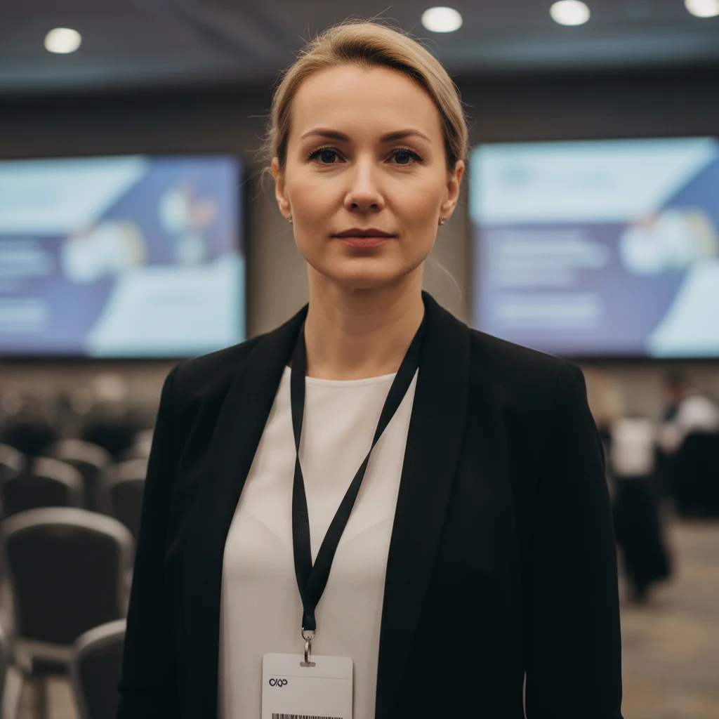 Woman at conference with visible lanyard name badge and event background