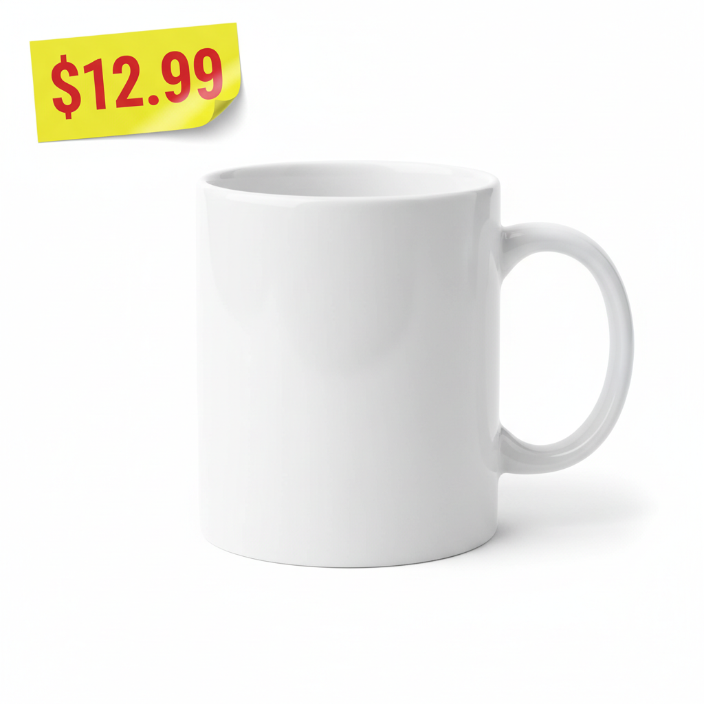 White ceramic mug with bright yellow price sticker in top-left corner