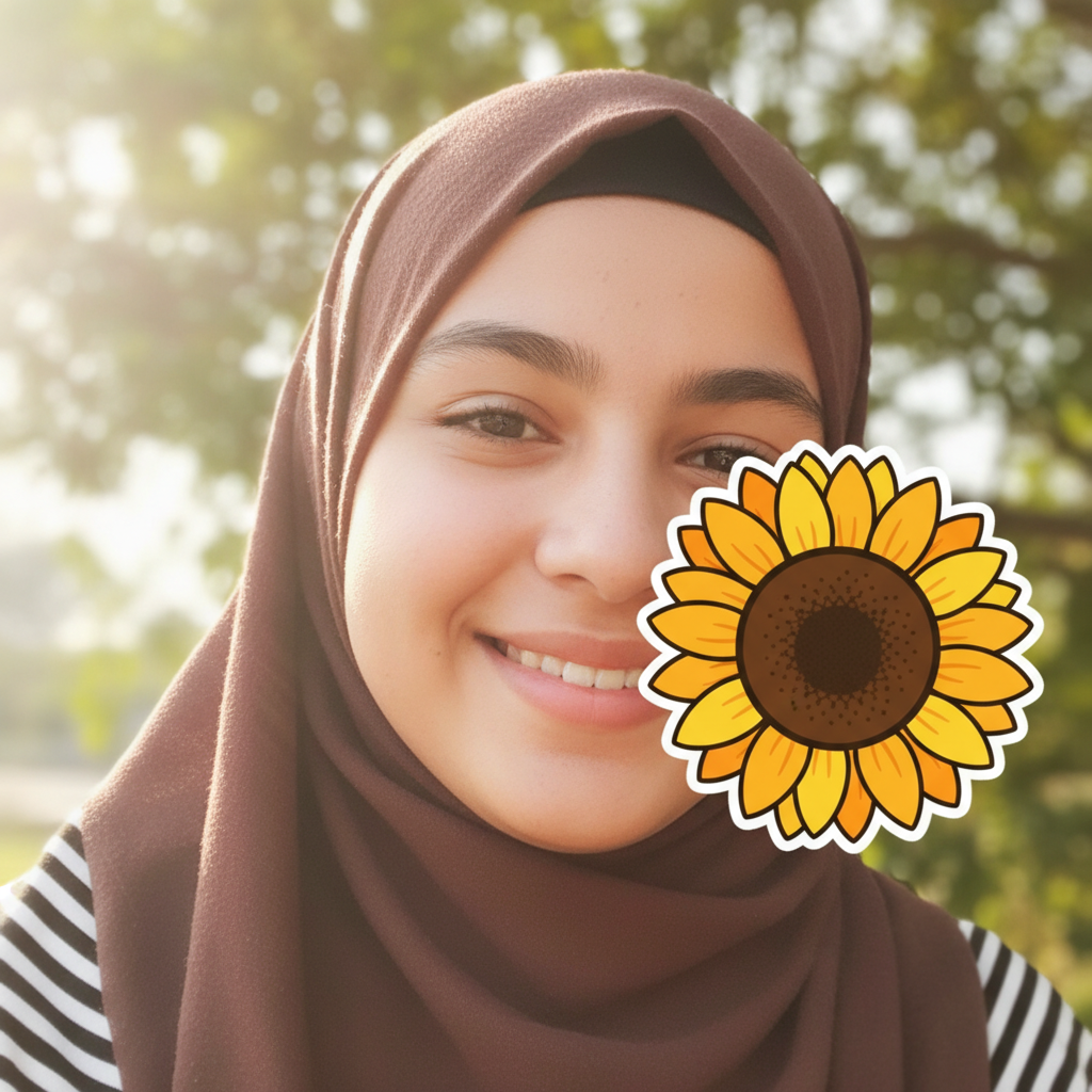Selfie with a large sunflower emoji sticker covering the right cheek