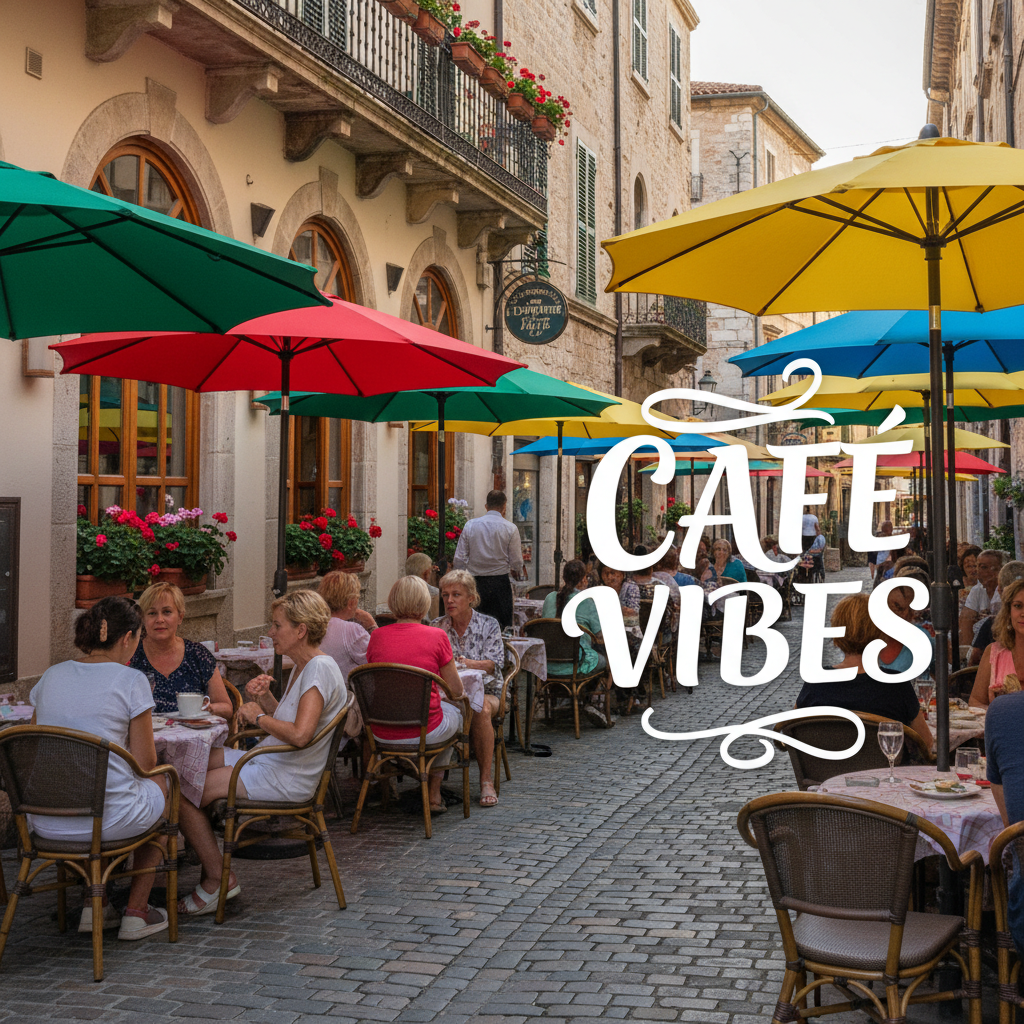 Travel café photo with a large 'CAFÉ VIBES' text sticker overlay