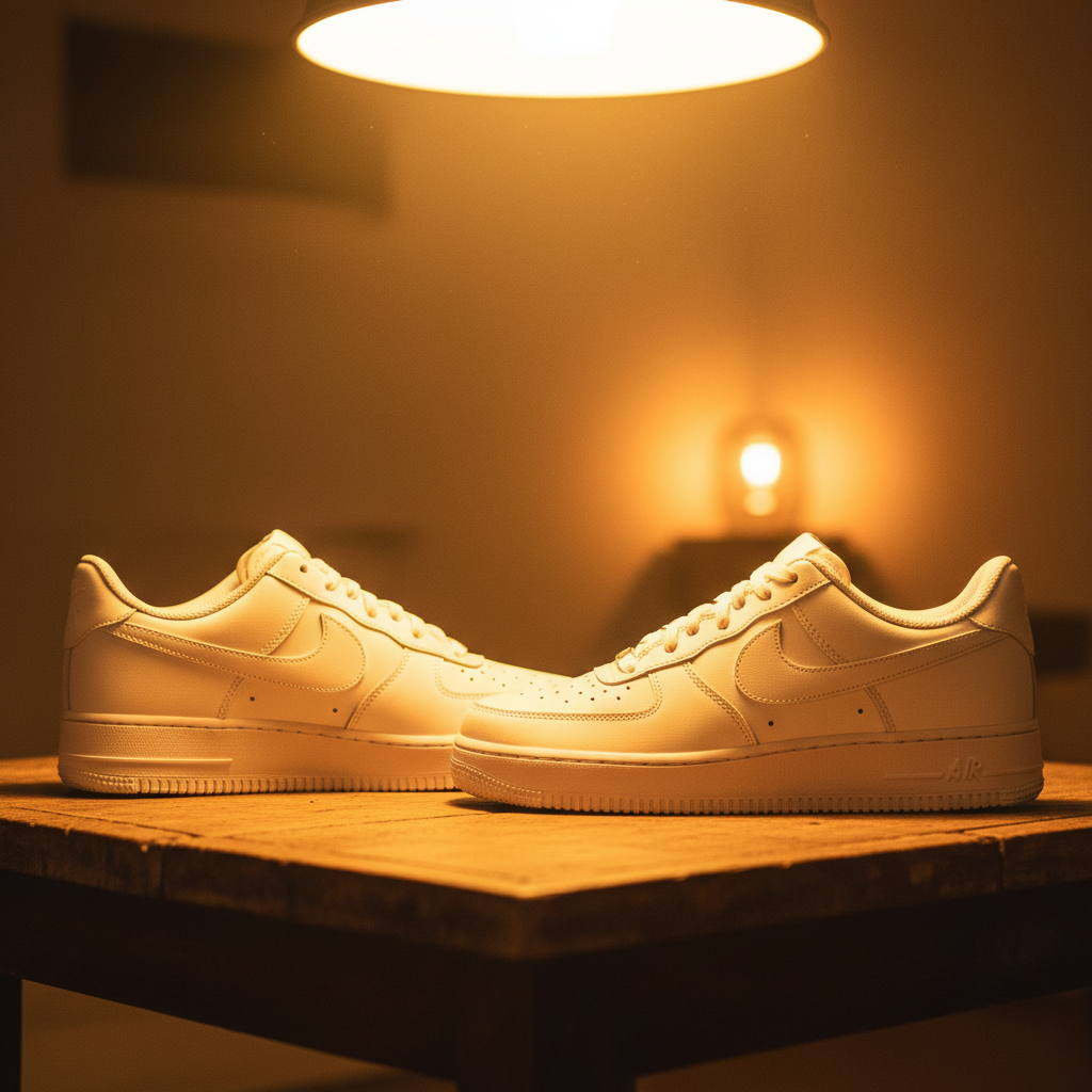 White Air Force 1s looking yellow due to indoor lighting