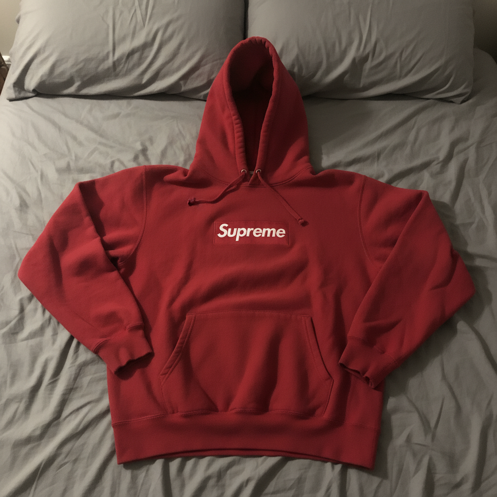 Red Supreme hoodie wrinkled on gray bed sheets