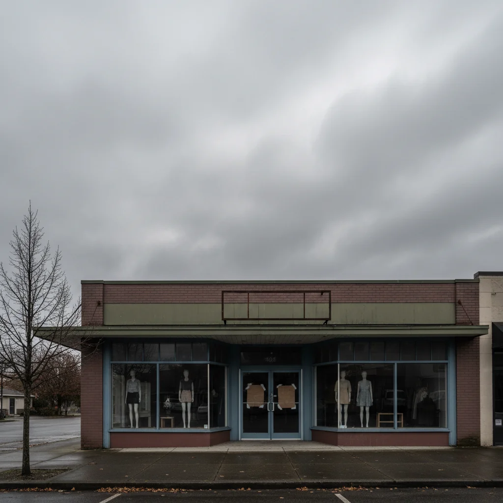 Retail store under gray overcast sky looking dim and closed