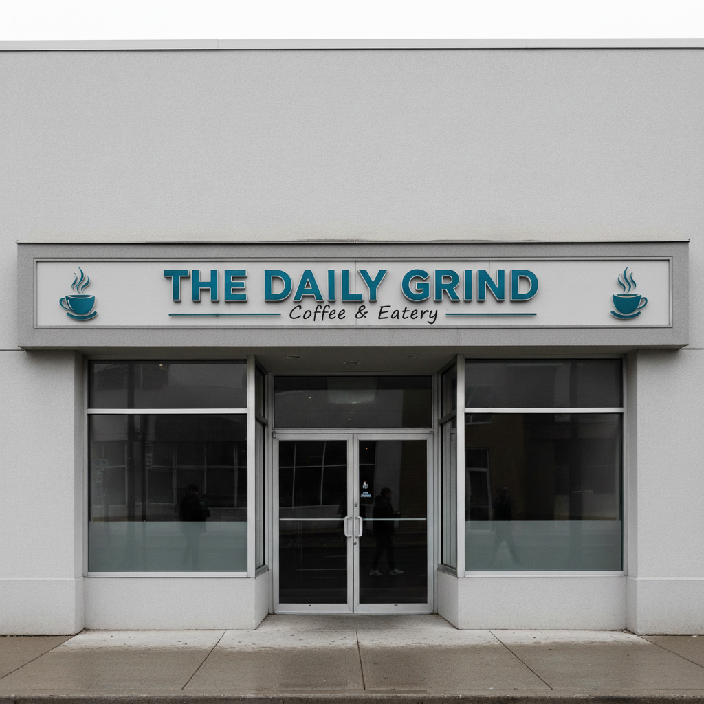 Same storefront with new restaurant brand logo sign composited onto fascia