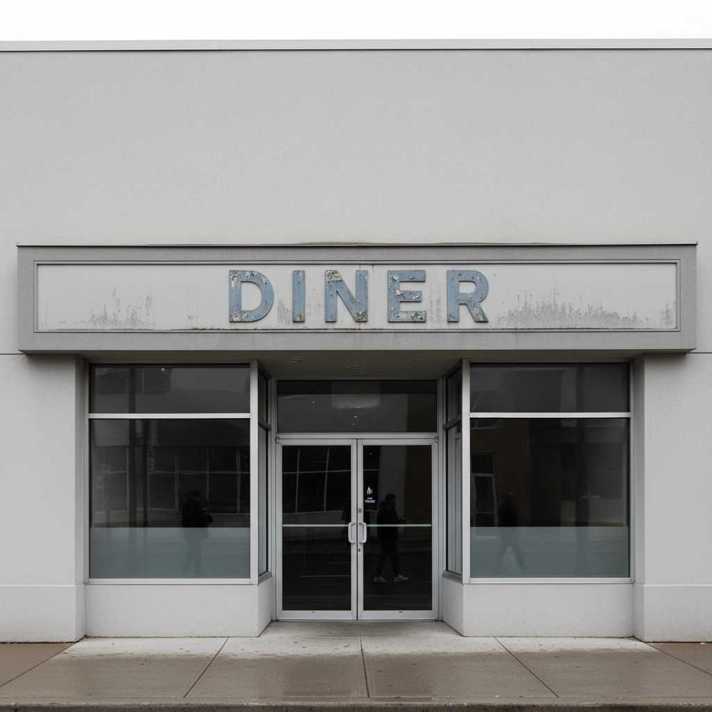 Stucco storefront with outdated plain text sign on fascia