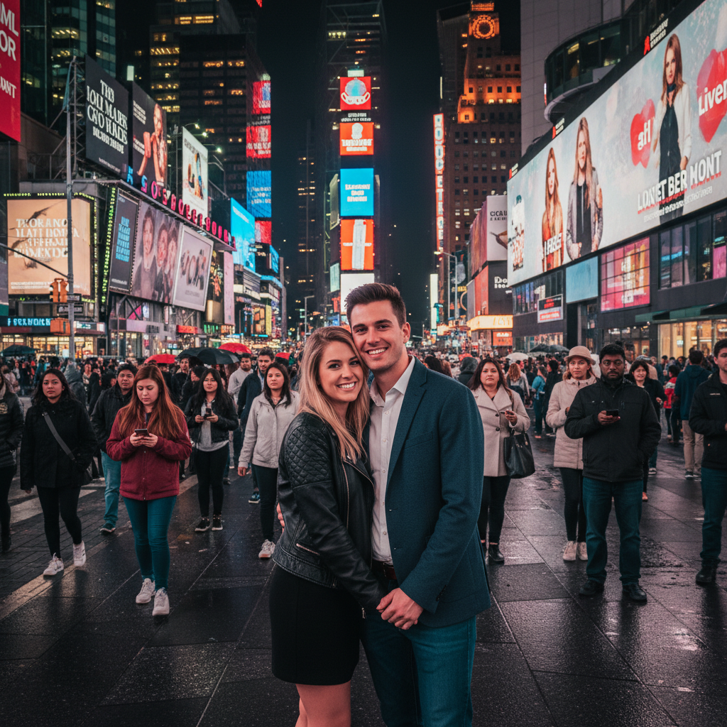 Couple at Times Square with massive crowd of strangers in background