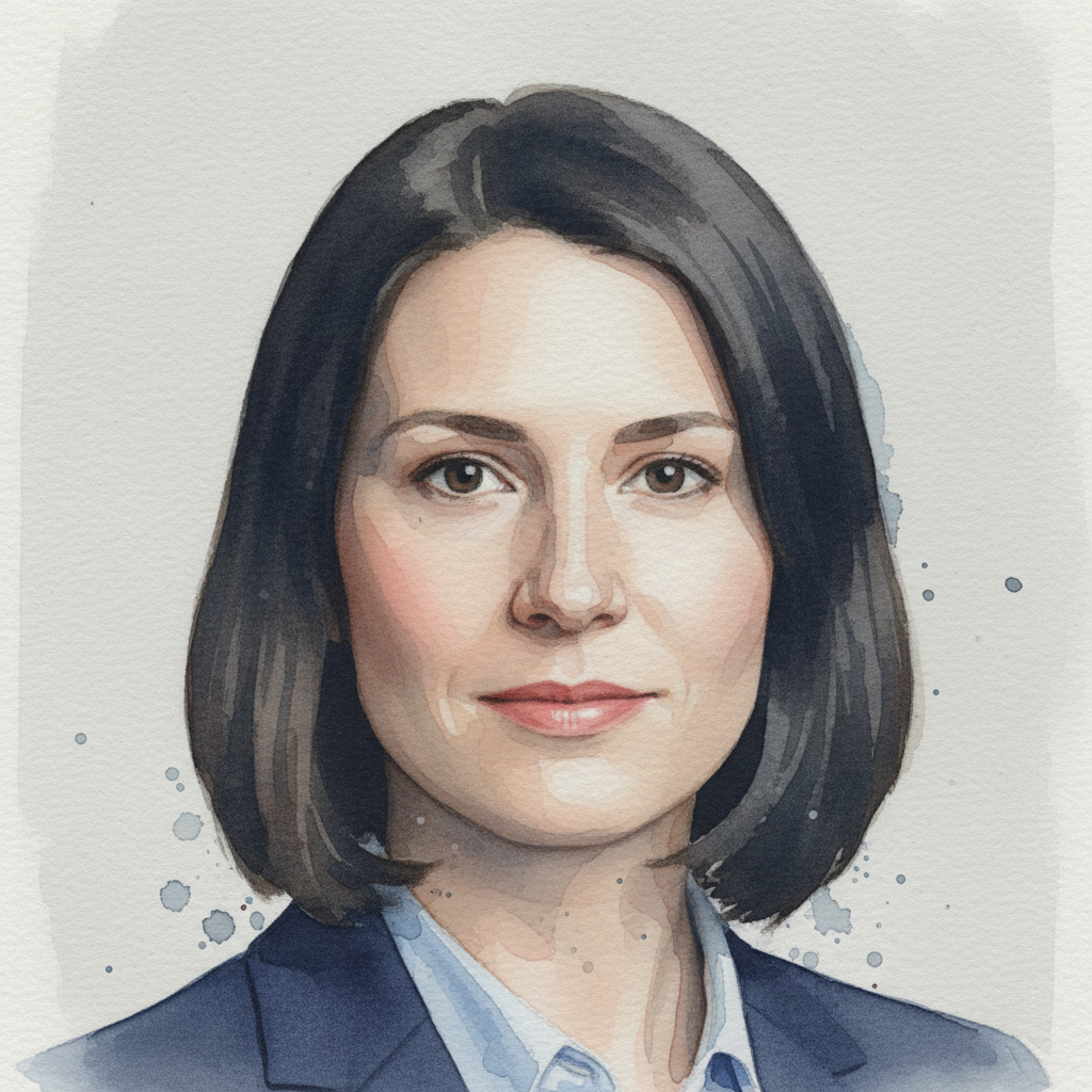 Same portrait rendered in soft watercolor illustration style with muted cool tones and visible paper texture