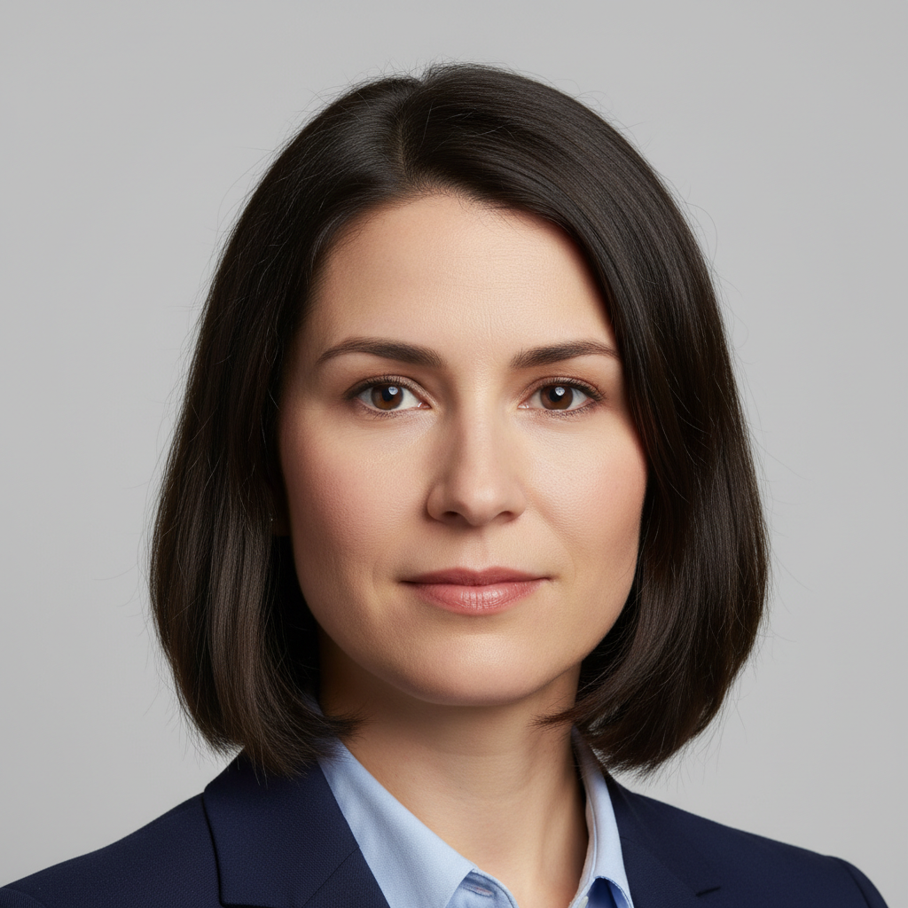 Sharp realistic headshot portrait of a woman against a plain grey background
