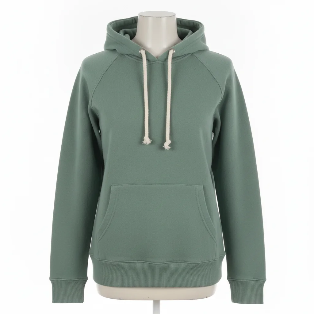 Same hoodie in sage green with pocket, drawstrings, and ribbing preserved