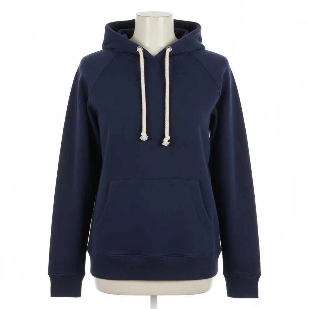 Navy pullover hoodie ghost mannequin with pocket, drawstrings, and ribbing