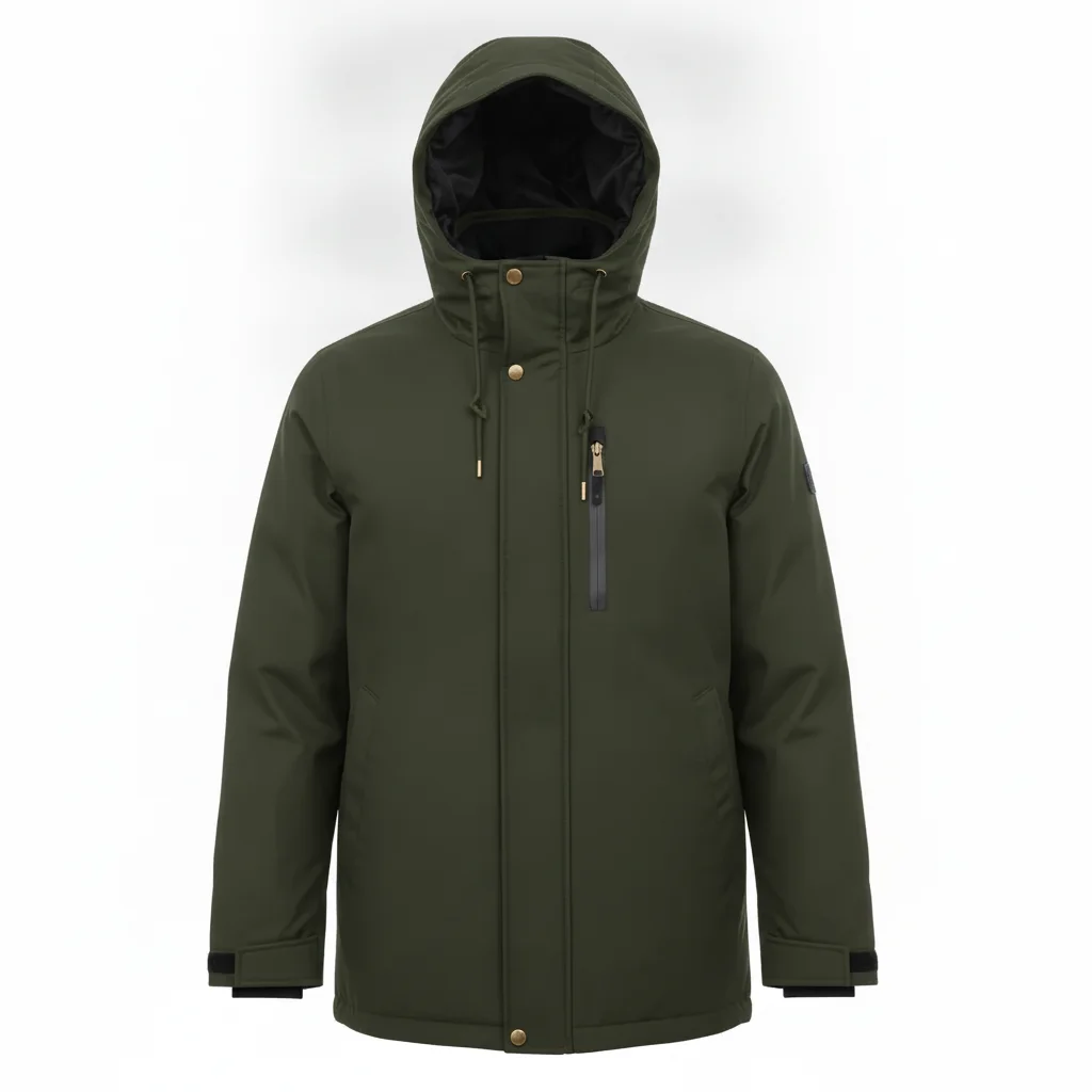 Same parka in olive green with brass zipper, snaps, and pocket preserved