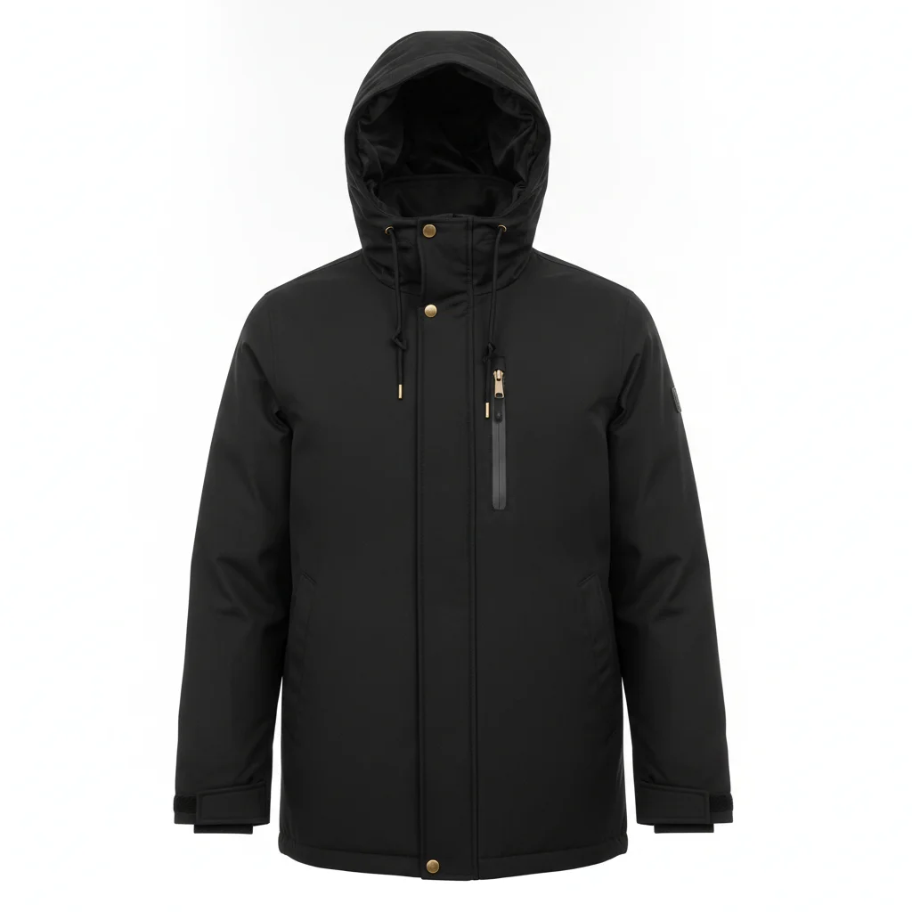 Black parka with brass zipper, snap buttons, and chest pocket on white background
