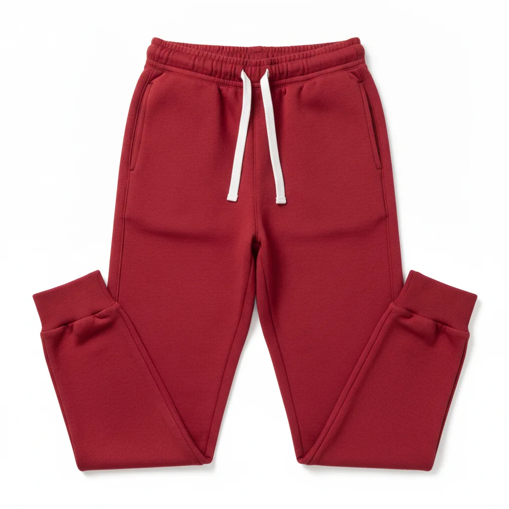 Red jogger pants flat-lay with waistband, drawcord, and cuffs visible