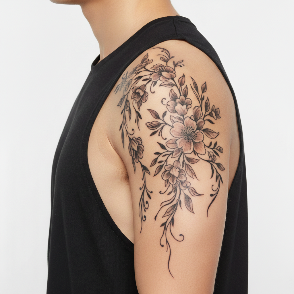 Same shoulder with the geometric tattoo design placed and sized naturally on the shoulder cap