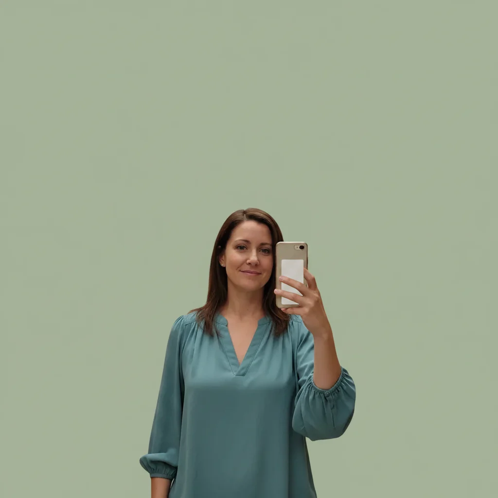 Warm therapist headshot with sage green background and soft natural lighting