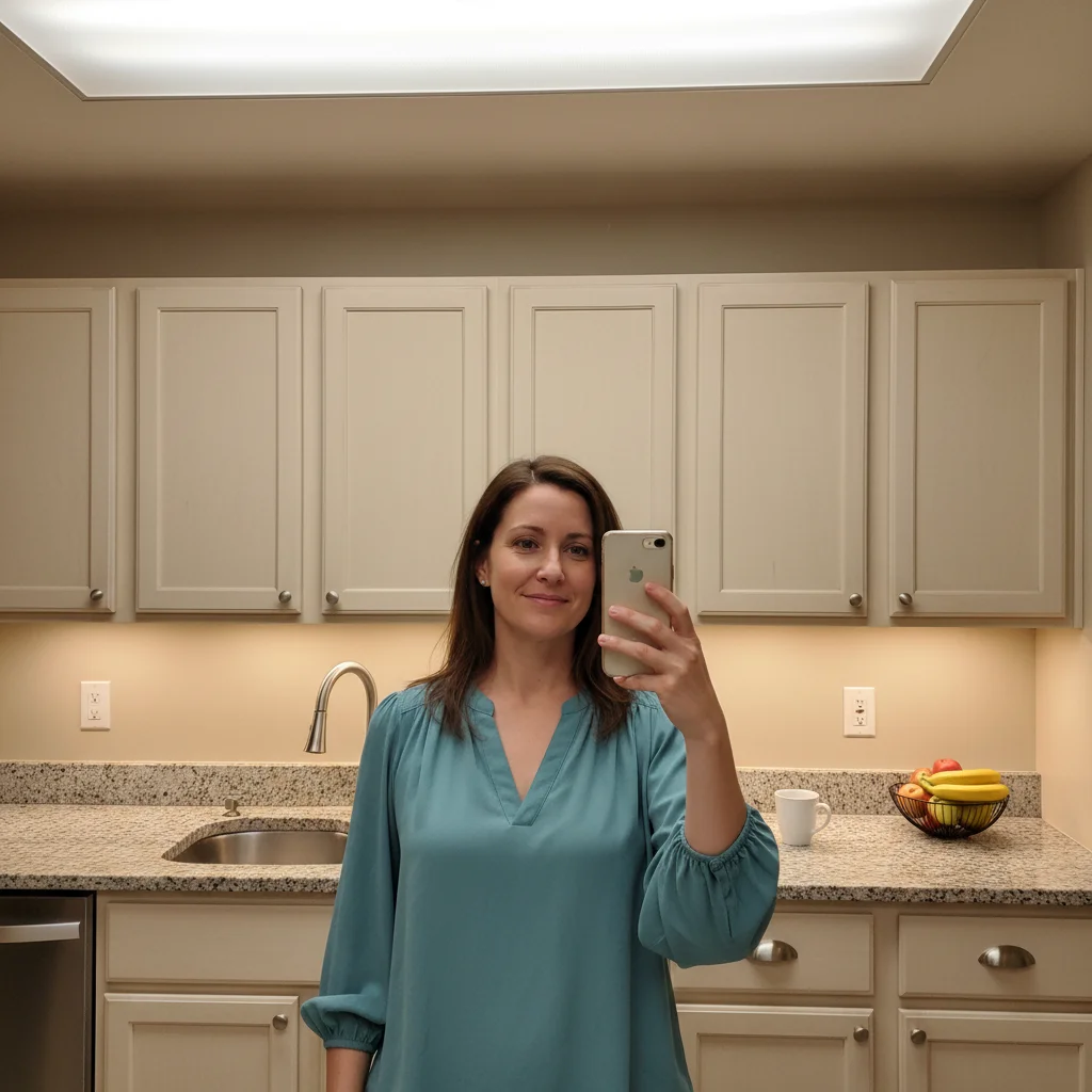 Woman in teal blouse taking kitchen selfie with cabinets visible in background
