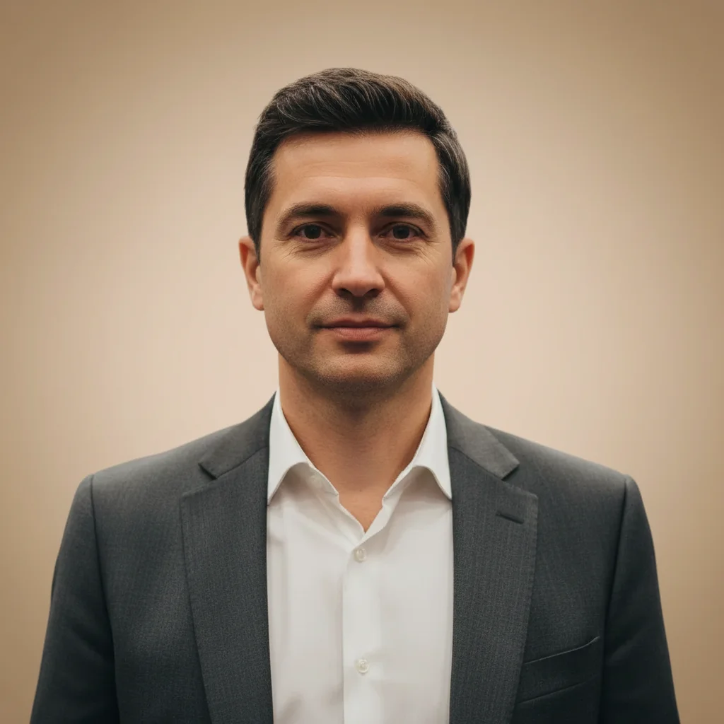 Warm counselor headshot with beige background and soft professional lighting