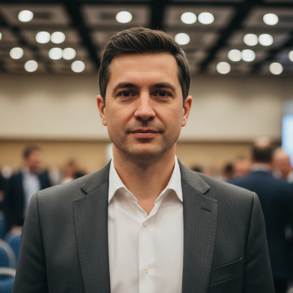 Man in blazer cropped from conference photo with event setting visible