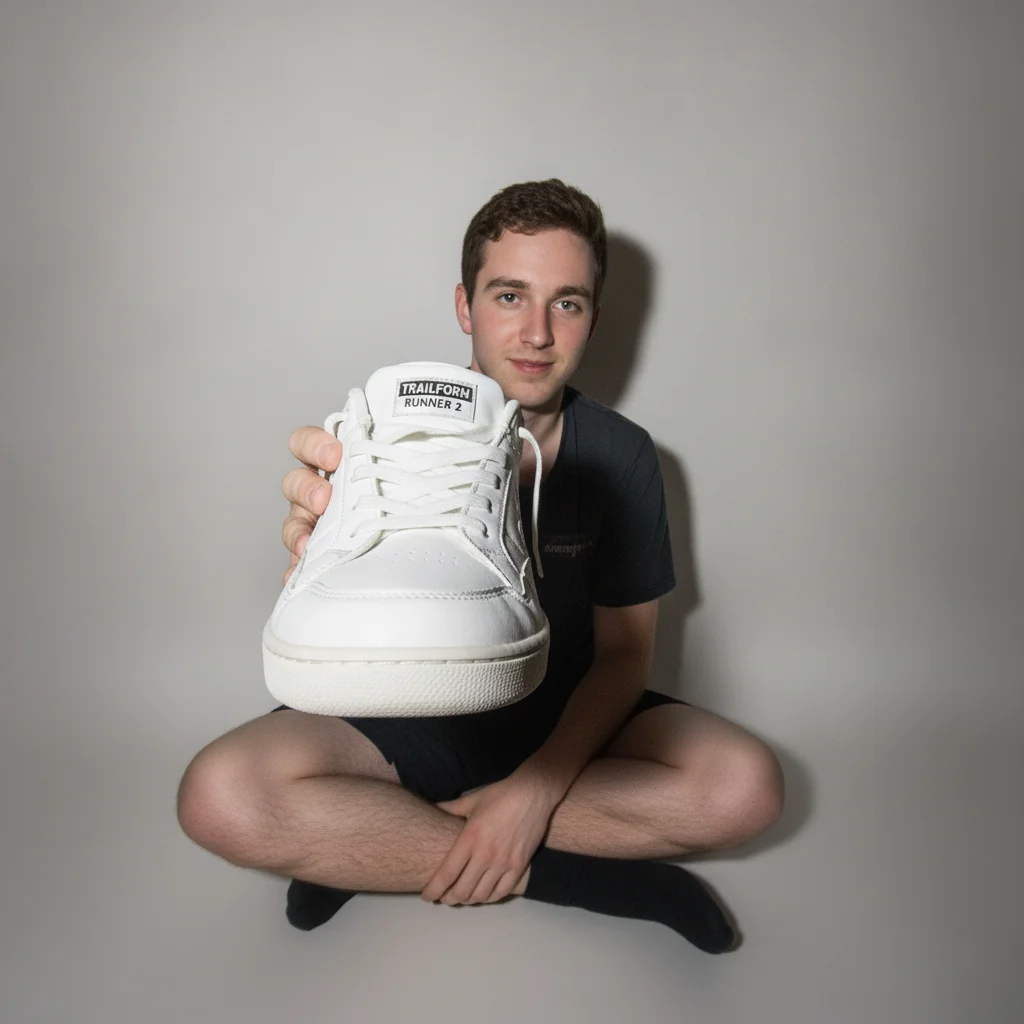 The same man and sneaker on a clean backdrop in soft light, the shoe tag legible