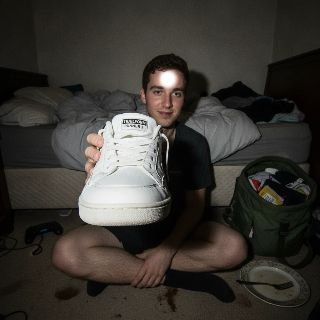 Young man on a messy bedroom floor holding a white sneaker, lit by harsh direct flash