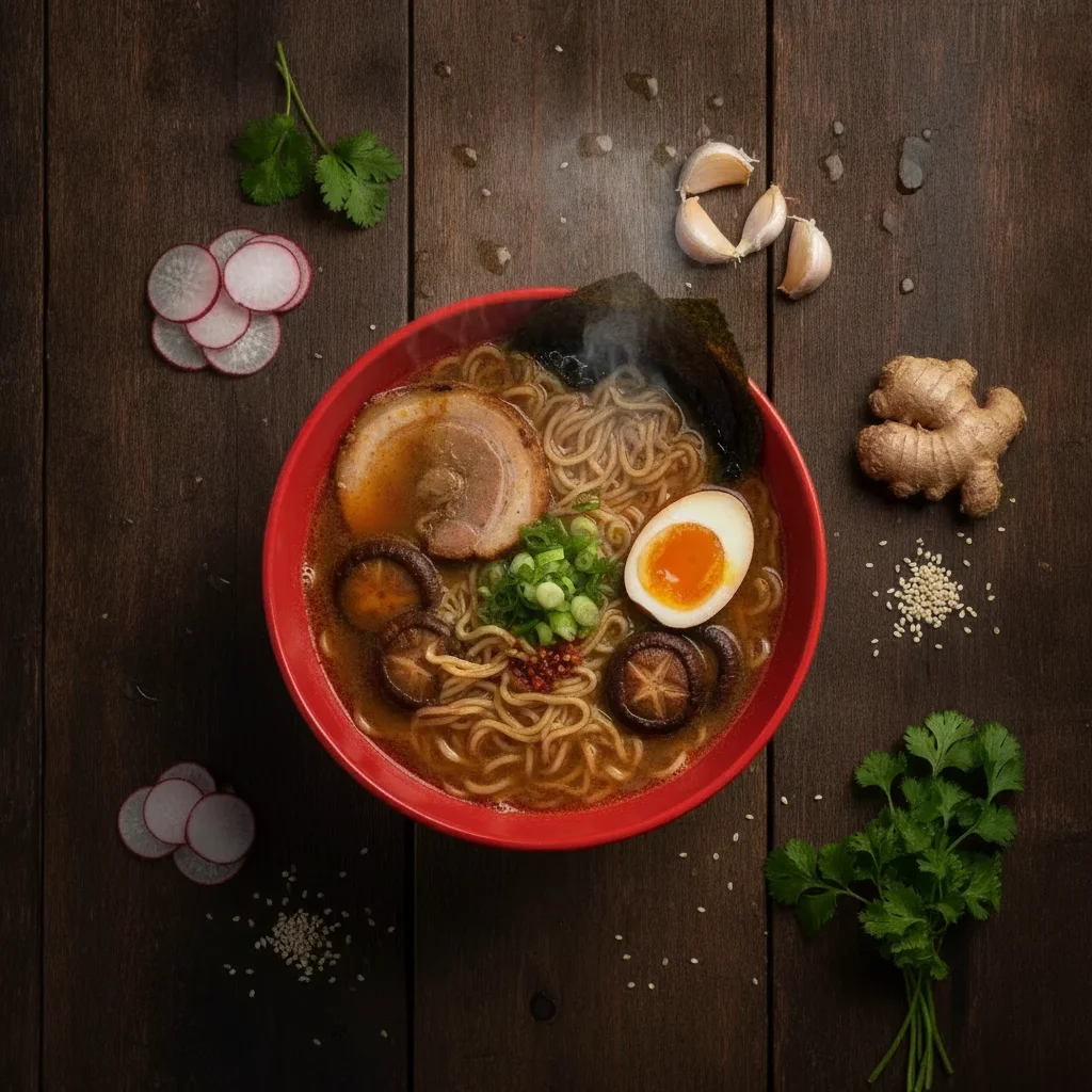 Same ramen food photo with TikTok watermark and username cleanly removed, dark wood table surface reconstructed