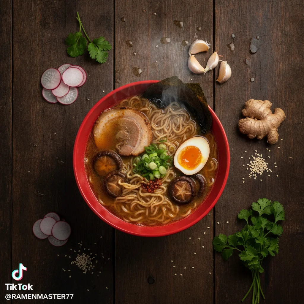 Overhead food photo of red ramen bowl on dark wood table with TikTok logo and username in bottom left corner