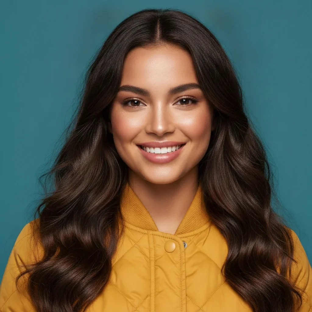 Same portrait with username watermark removed and shoulder area reconstructed with natural skin and fabric texture