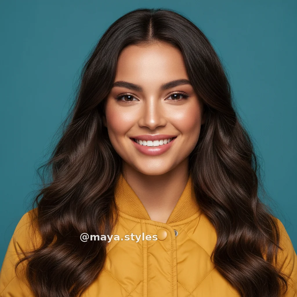 Portrait of woman in yellow jacket with @username watermark overlaid on shoulder area