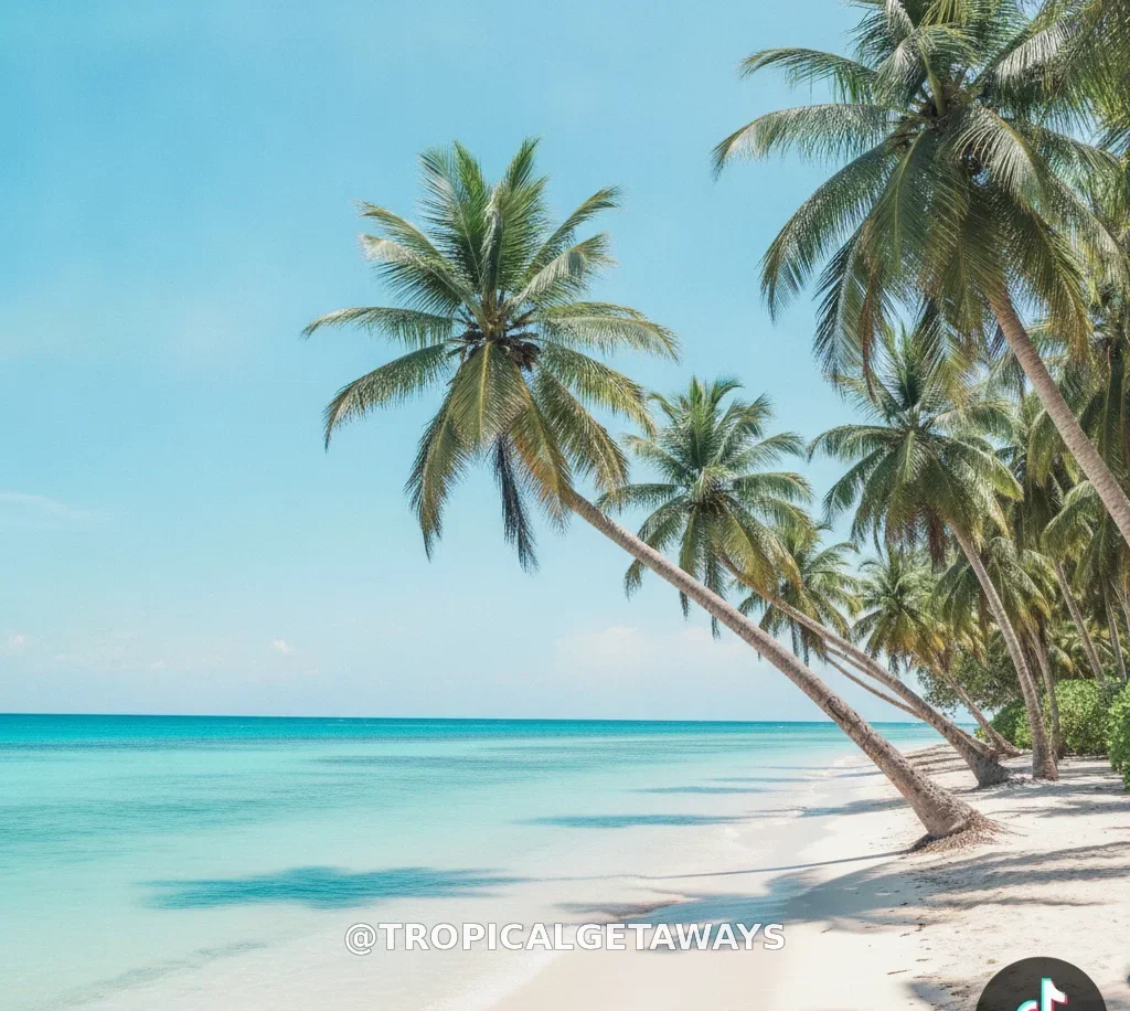 TikTok screenshot of tropical beach scene with platform logo in bottom right and username text at bottom edge