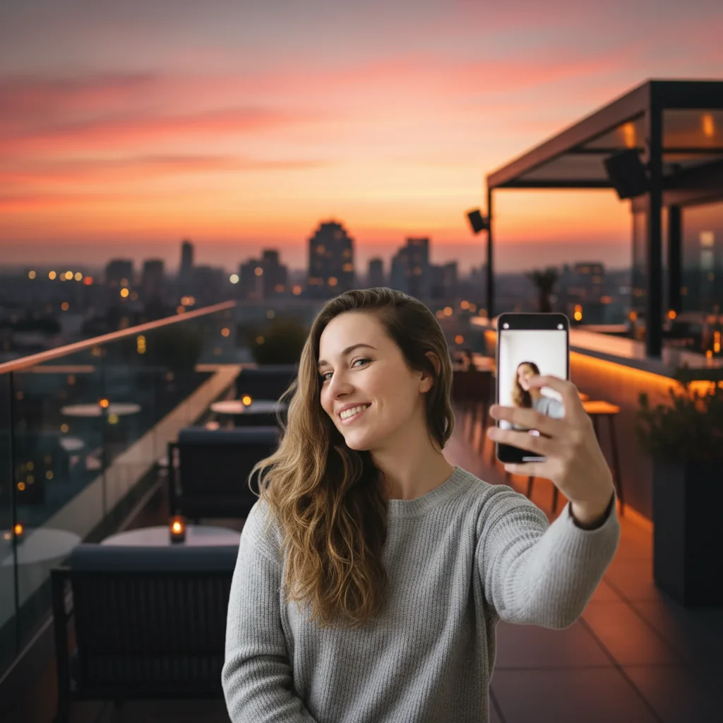 Same selfie now appearing at stylish rooftop bar