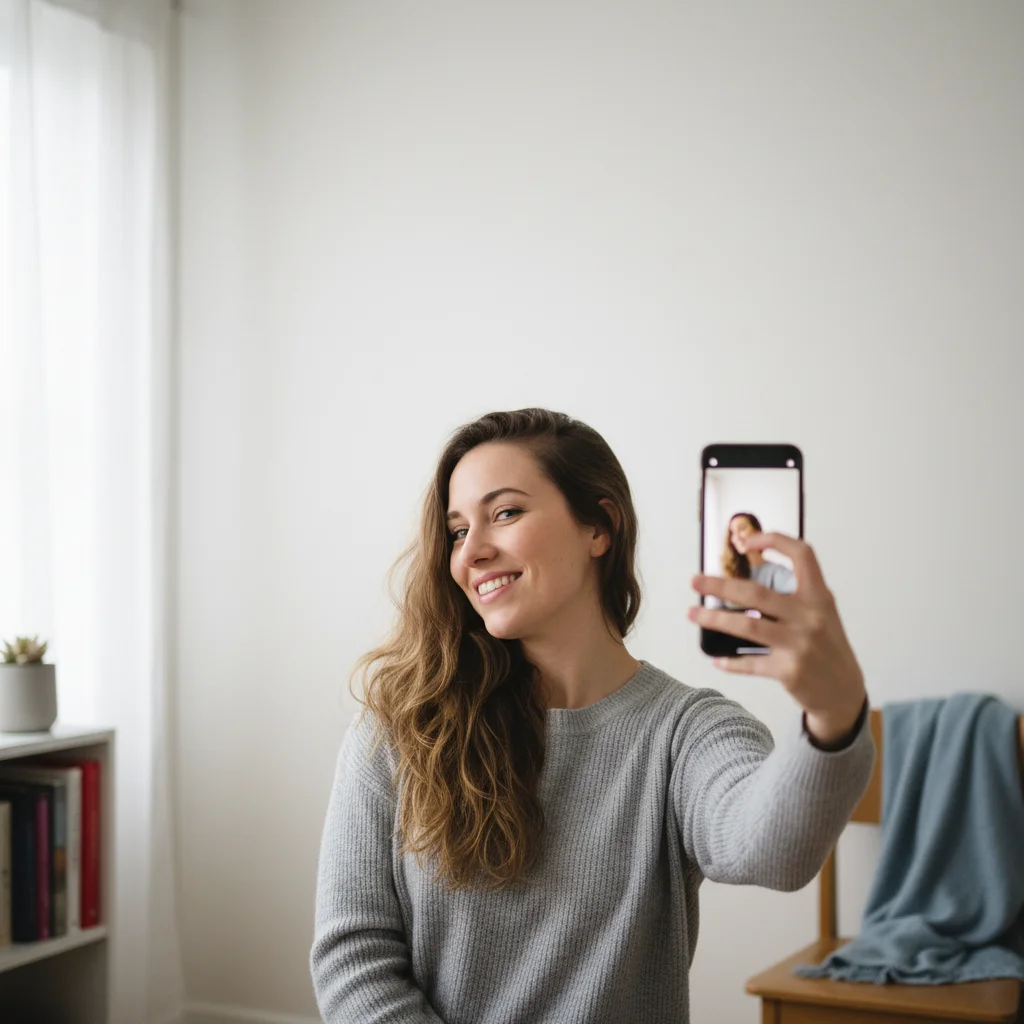 Good selfie with boring apartment wall background