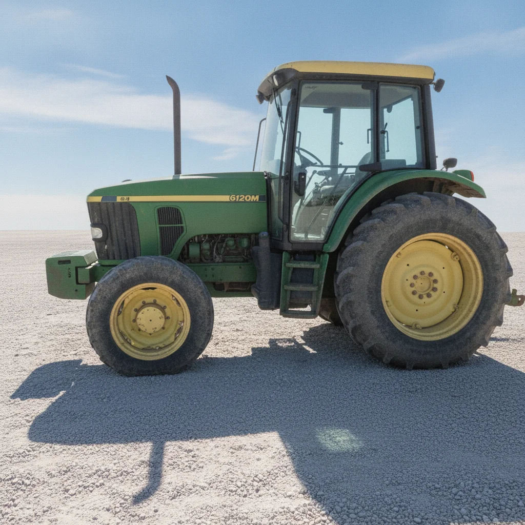 The same tractor on a clear lot under a blue sky, with the person and the scattered litter no longer in the frame