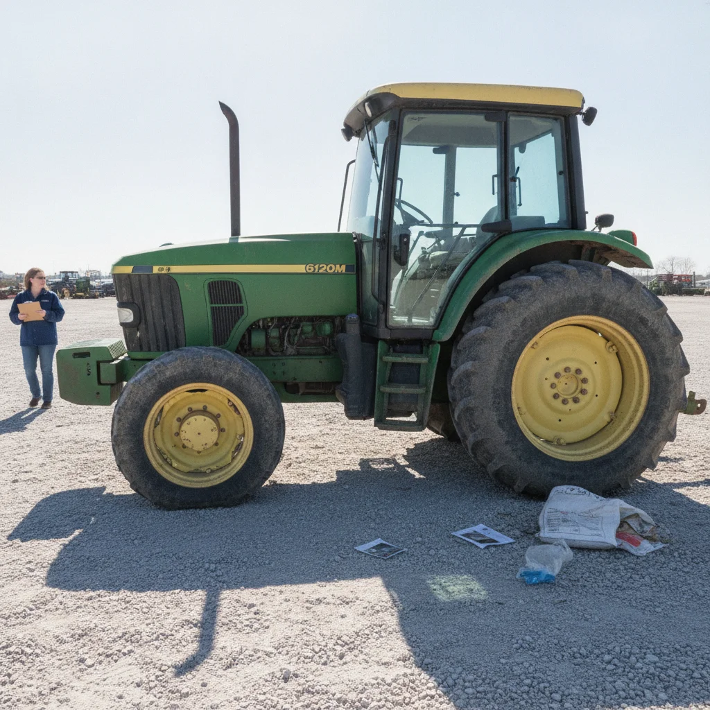 Used green farm tractor on a bright gravel lot with a person standing at the left of frame and paper and plastic litter on the ground
