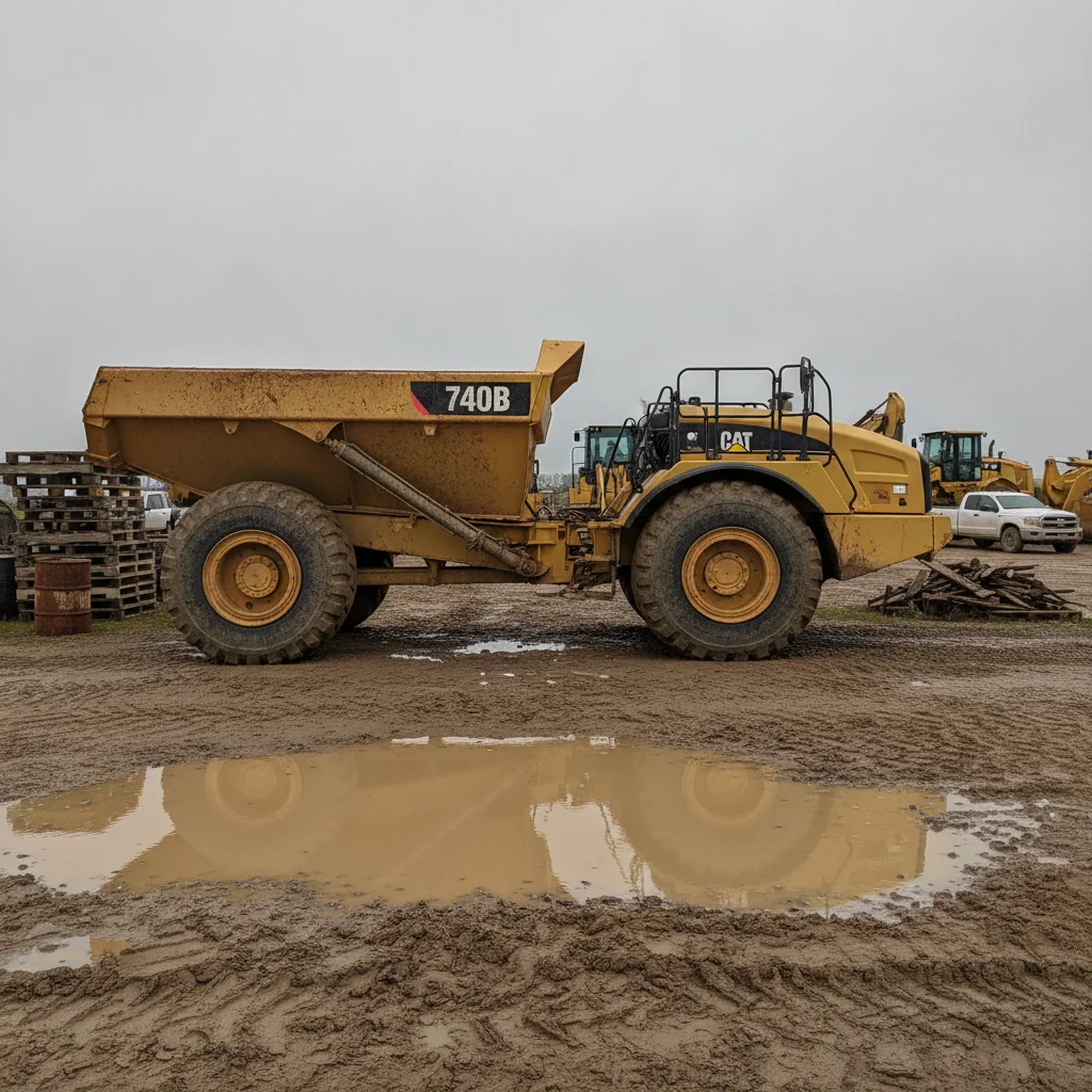 Used articulated dump truck on a deeply rutted muddy lot under a flat grey sky, with pallets, an oil drum, scrap timber, a white pickup and other machines behind it