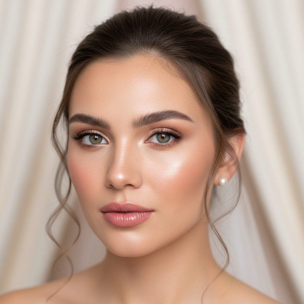 Bridal inspiration photo showing soft rose lip, dewy glow, and champagne eye shimmer