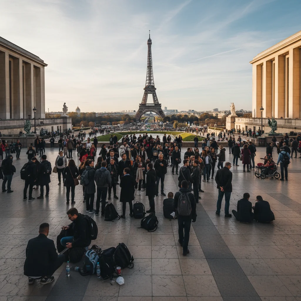 Colosseum with dozens of tourists crowding the plaza