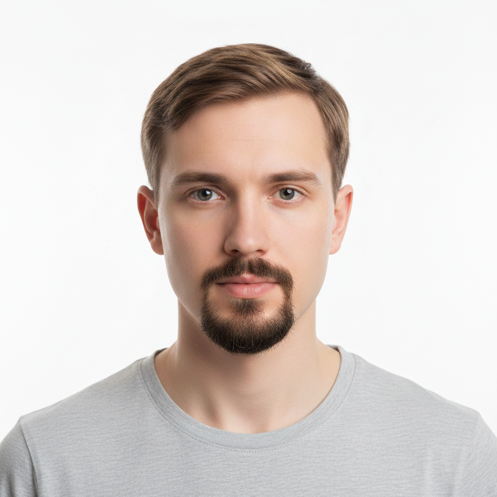 Same man with a neatly shaped goatee and mustache added, cheeks remaining clean