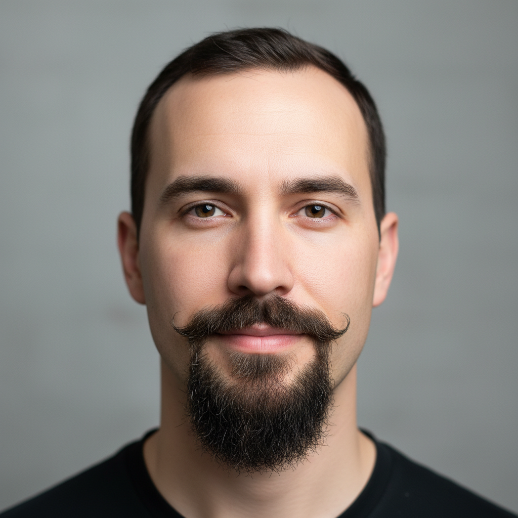 Reference photo showing a man with a well-defined goatee and mustache combination
