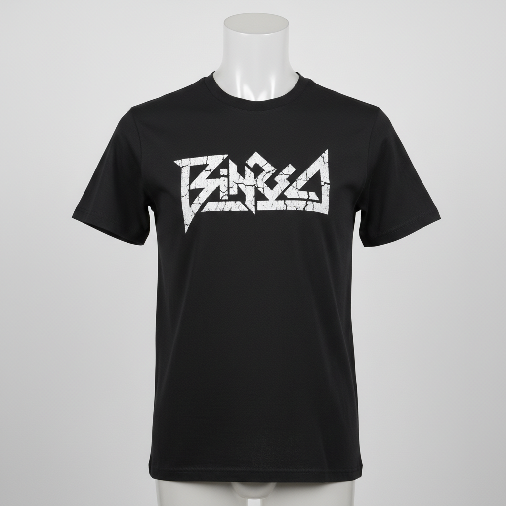 Black t-shirt on mannequin with band logo on chest, vintage screen print look