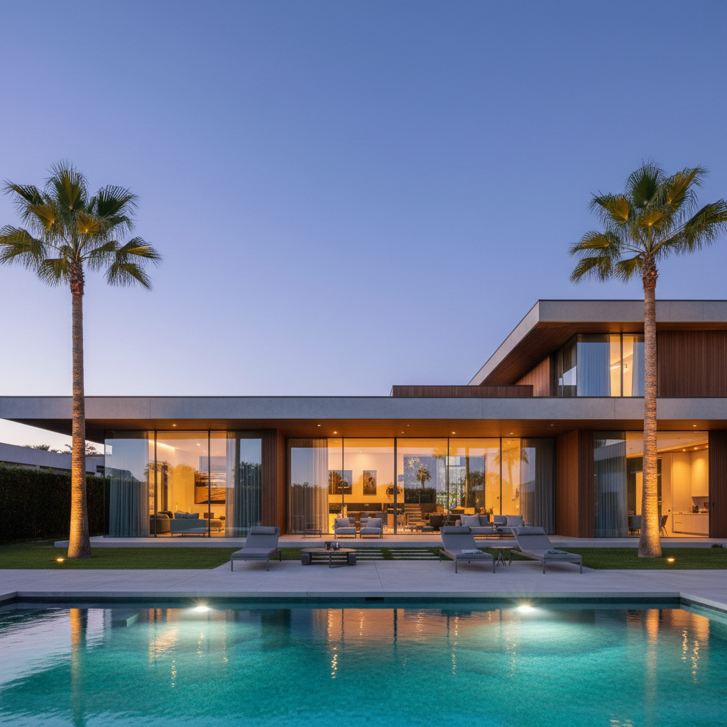 Same home at twilight with glowing windows, illuminated pool, and landscape lighting