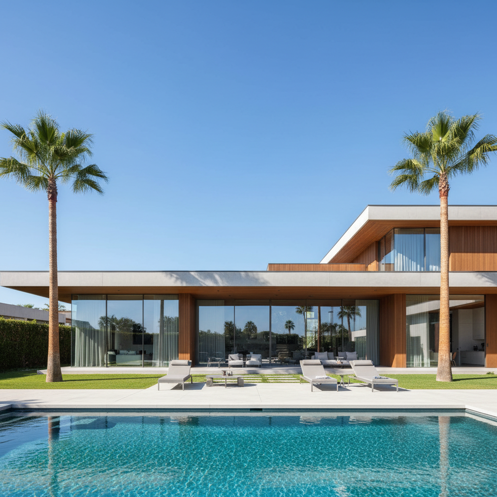 Modern luxury home with pool photographed during bright afternoon
