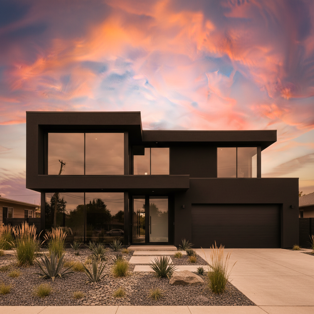 Same home at golden hour with orange sunset sky and warm glowing windows