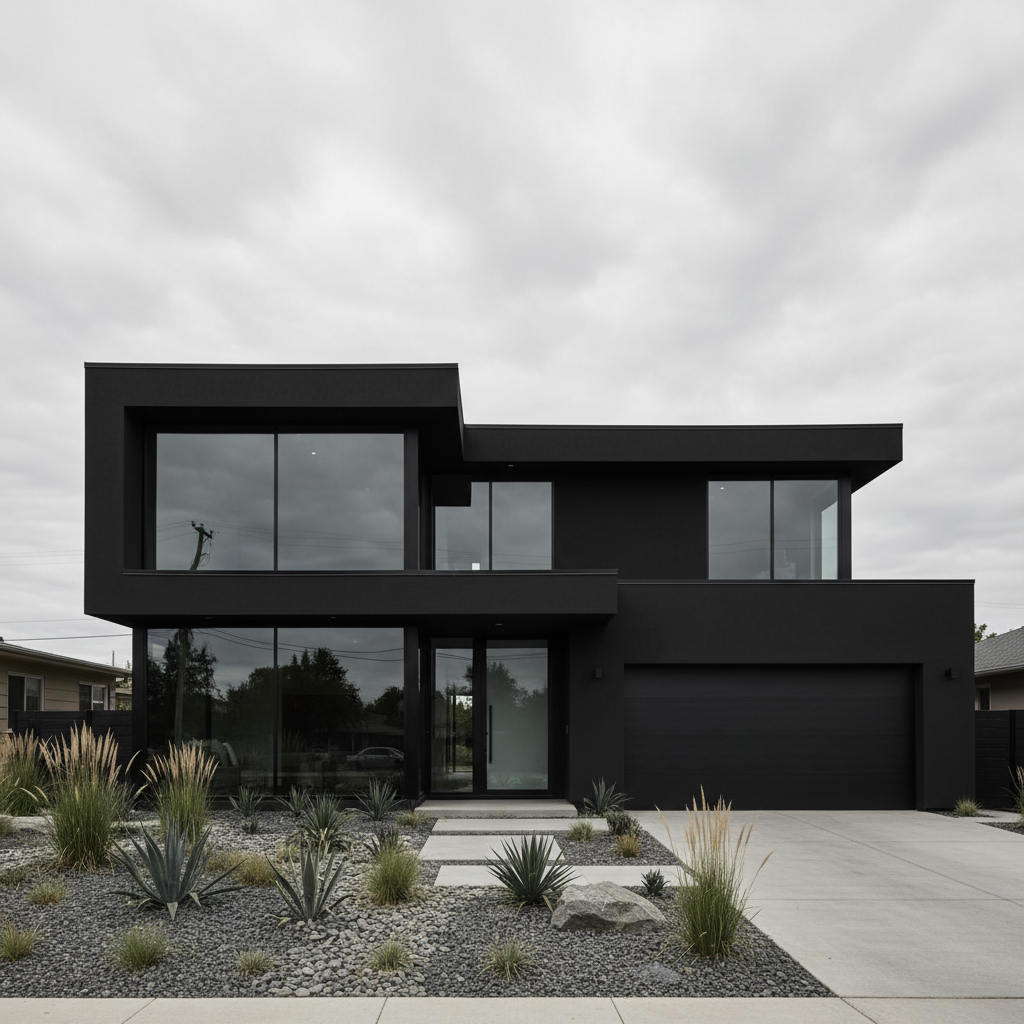 Modern black home photographed on grey overcast day